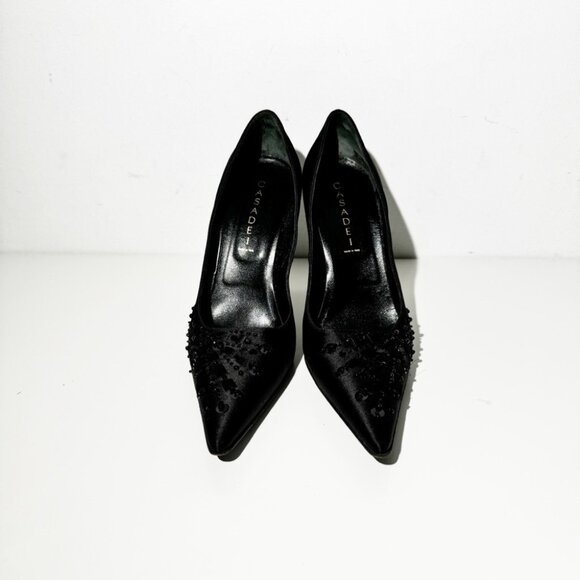 Casadei black satin silk beaded pointed toe heels size 39 - Picture 2 of 7